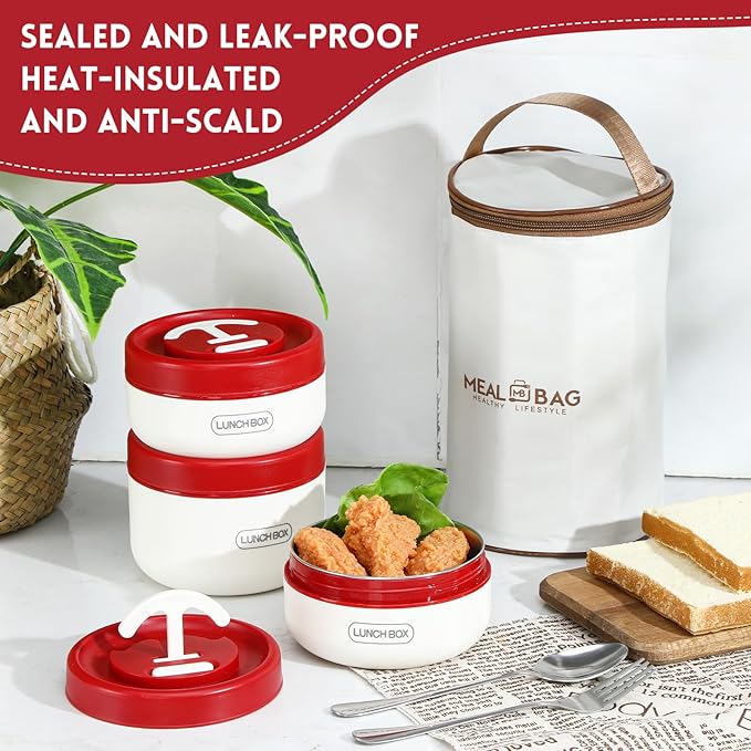Dandat 3 Pcs Portable Insulated Lunch Container Set for Adult, Stackable Stainless Steel Bento Box for Hot Food with Insulated Lunch Bag Unisex 3 Separate Thermal Food Container(Red)
