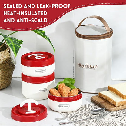 Dandat 3 Pcs Portable Insulated Lunch Container Set for Adult, Stackable Stainless Steel Bento Box for Hot Food with Insulated Lunch Bag Unisex 3 Separate Thermal Food Container(Red)