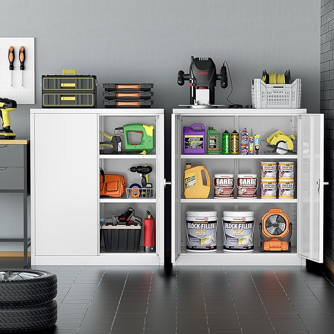 Bonusall Metal Garage Storage Cabinet, 36" H Locking Cabinets with 2 Adjustable Shelves,2 Door Small Pantry Storage for Home Office, Kitchen, Bathroom(White)