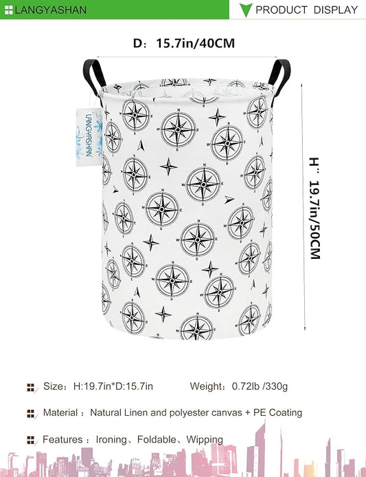 LANGYASHAN Laundry Basket Canvas Fabric Collapsible Organizer Basket for Storage Bin Toy Bins Gift Baskets Bedroom Clothes Children Nursery Hamper (Black Compass)