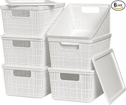 6 Pack Plastic Storage Baskets With Lids,White Breathable Stackable Storage Bins,Small Storage Containers,for Organizing Storage Baskets on Desktops,Closets,Playrooms,Classrooms,Offices