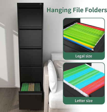 5 Drawer File Cabinet, Vertical File Cabinets with Lock for Home Office,Heavy Duty Office Steel Filing Cabinet for Hanging Letters/Legal/A4, Assembly Required (Black)