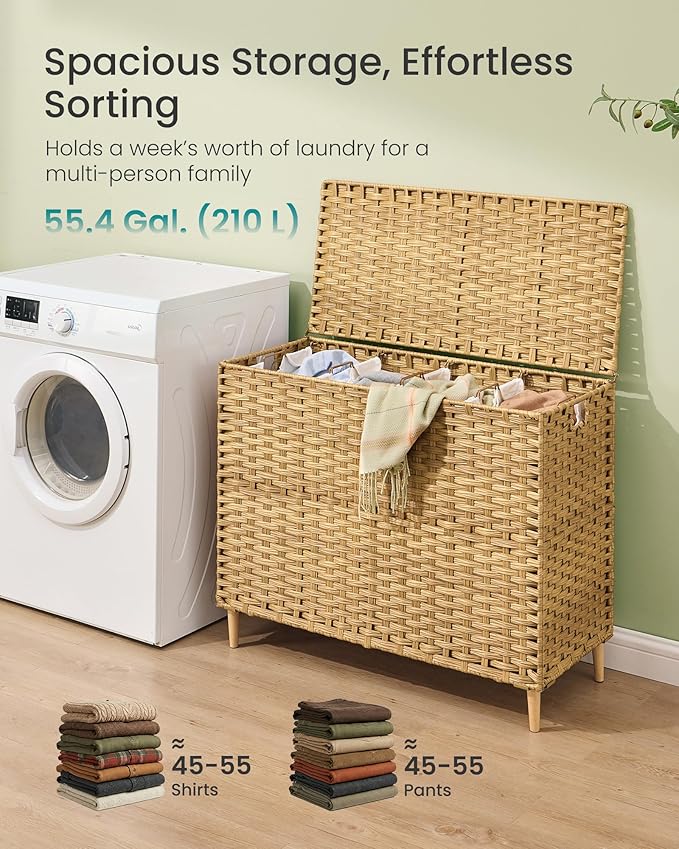 SONGMICS 4-Section Laundry Hamper with Lid, 55.4 Gal (210L) PE Rattan Laundry Basket with Removable Washable Liners, for Bedroom & Living Room, Goose Yellow ULCB224YE01