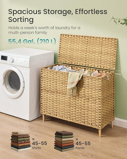 SONGMICS 4-Section Laundry Hamper with Lid, 55.4 Gal (210L) PE Rattan Laundry Basket with Removable Washable Liners, for Bedroom & Living Room, Goose Yellow ULCB224YE01