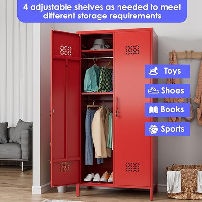 Aobabo Metal Wardrobe Closet with 2 Doors, Metal Wardrobe Cabinet with 4 Adjustable Shelves and 2 Hannging Rods, Storage Locker for Home, Red, Assembly Required
