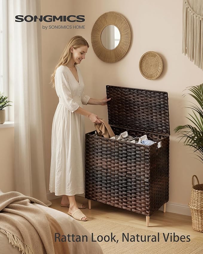 SONGMICS 3-Section Laundry Hamper with Lid, 42.2 Gal (160L) PE Rattan Laundry Basket with Removable Washable Liners, for Bedroom & Living Room, Chestnut Brown ULCB223ME01
