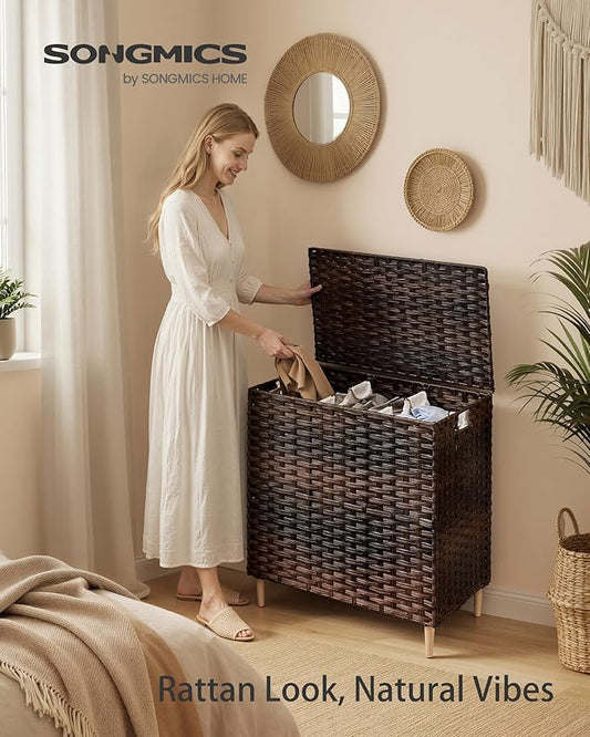 SONGMICS 3-Section Laundry Hamper with Lid, 42.2 Gal (160L) PE Rattan Laundry Basket with Removable Washable Liners, for Bedroom & Living Room, Chestnut Brown ULCB223ME01