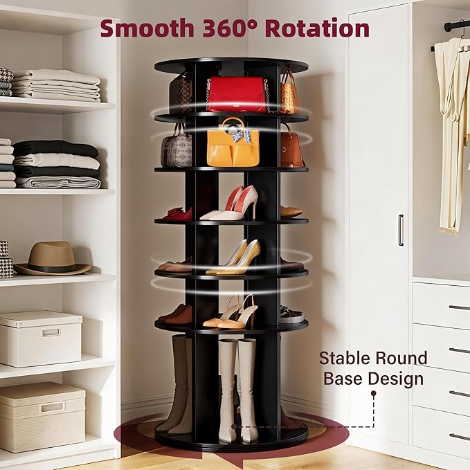 JUMMICO Rotating Shoe Rack Tower, 6-Tier Vertical Closet Storage Organizer for Shoes, Handbags & Tall Boots, 360° Spinning Lazy Susan Base, Space-Saving for Bedroom & Closet (Black)