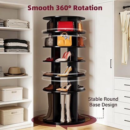 JUMMICO Rotating Shoe Rack Tower, 6-Tier Vertical Closet Storage Organizer for Shoes, Handbags & Tall Boots, 360° Spinning Lazy Susan Base, Space-Saving for Bedroom & Closet (Black)