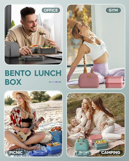 Adults Bento Lunch Box Set with Thermo Bag, 74oz Stackable Leak-proof 3-tiers Bento Box, Built-in Utensil and Sauce Container for Work, School, Dining Out (Green)