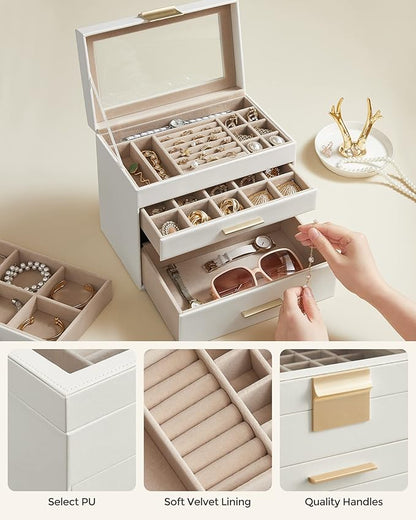 SONGMICS GISELLA Collection - Jewelry Box Organizer, 4-Layer Jewelry Storage with 3 Drawers, Shiny Metal Hardware, Glass Lid, Modern, 6 x 9.9 x 8.5 Inches, Cloud White and Gold Color UJBC161W01