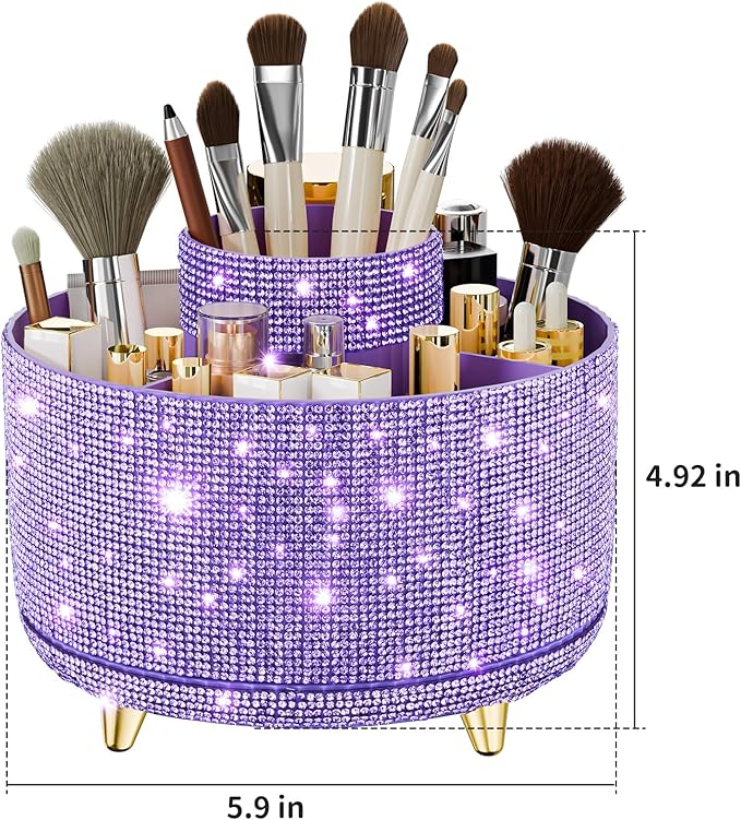 Bling Diamond Makeup Brush Holder, 360° Rotating Makeup Organizer, 5 Slot Make up Brushes Cup for Countertop, Storage for Cosmetics Pen Eyeliner Skincare on the Vanity (Diamond Purple)