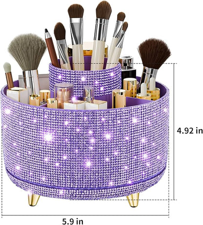 Bling Diamond Makeup Brush Holder, 360° Rotating Makeup Organizer, 5 Slot Make up Brushes Cup for Countertop, Storage for Cosmetics Pen Eyeliner Skincare on the Vanity (Diamond Purple)