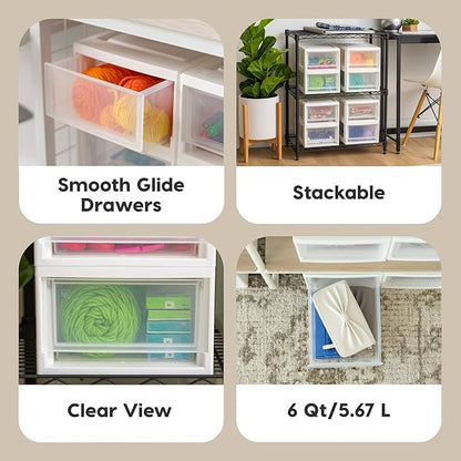 IRIS USA 6 Qt. Plastic Drawer Storage Organizer Stacking Drawers, 2-Pack, Stackable Unit with Sliding Drawer for Bedroom Kitchen Under Sink Pantry Craft Room Bathroom Dorm Office, White