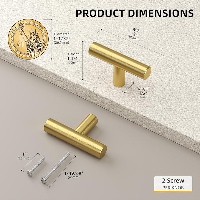 goldenwarm 200 Pack Gold Cabinet Knobs Brushed Brass Cabinet Knobs Gold Dresser Hardware Single Hole Pull Handles for Kitchen Cupboard Doors Closet Hardware 2in Overall Length