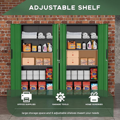 Greenvelly Metal Storage Cabinet, 72" Locking Metal Garage Storage Cabinet with Doors and 4 Adjustable Shelves, Lockable Steel Cabinet for Home Office, Garage, Shop, School (Green 32" W x 16" D)