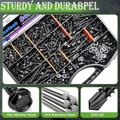 mxuteuk 840PCS #8#10#12#14 Self Tapping Screws for Metal,410 Stainless Steel Self Drilling Screws,Hex Head 1/2" to1-1/2'' Self Tapping Screw for Plastic(420pcs Screw+420pcs Washer)