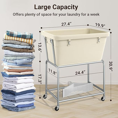 ELYKEN Rolling Laundry Hamper with Wheels, 32-Gallon (122L) Laundry Cart with Removable Bag, 2-Tier Clothes Basket Hamper with Shelf for Closet, Bedroom, Bathroom, Laundry Room, Cream