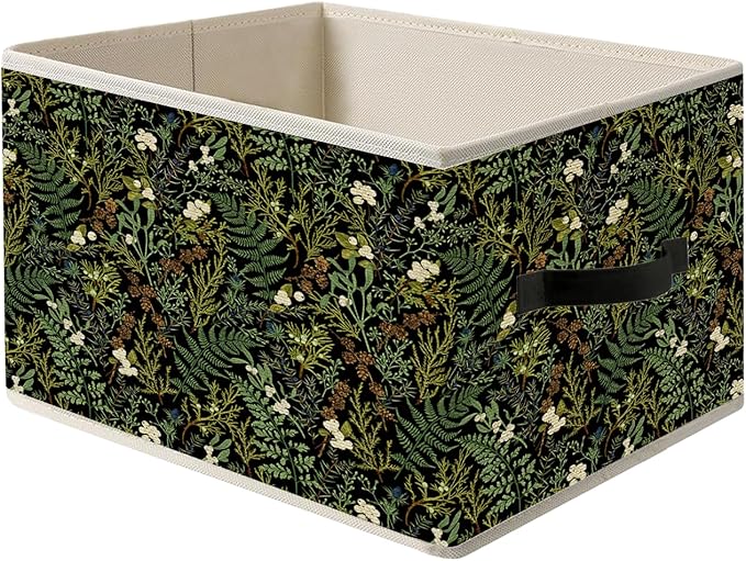 Dark Green Floral Botanical Storage Bin Box with Handles, Rustic Cottagecore Flower Fern Plant Foldable Organizer Basket Toybox for Home Bedroom Bathroom Clothes Toys Books