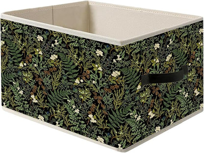 Dark Green Floral Botanical Storage Bin Box with Handles, Rustic Cottagecore Flower Fern Plant Foldable Organizer Basket Toybox for Home Bedroom Bathroom Clothes Toys Books