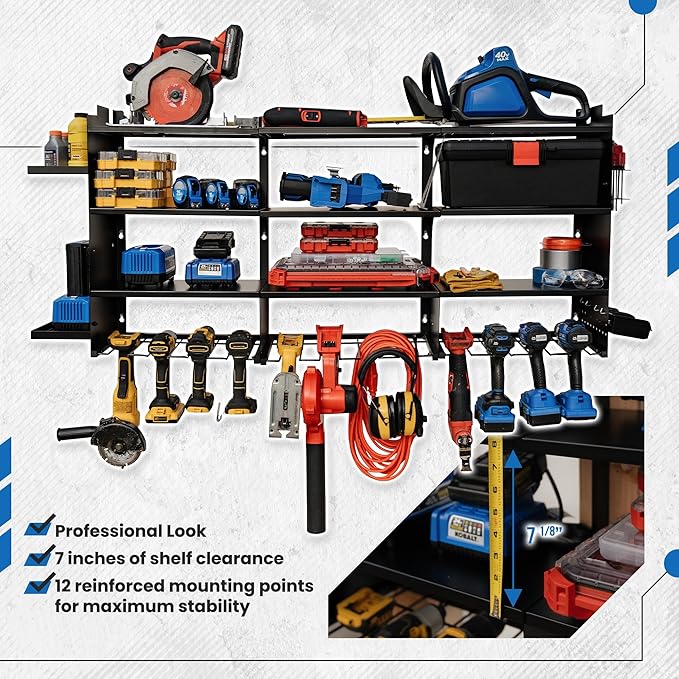 Power Tool Organizer Wall Mount, With Attachable Shelves - Large Garage Storage System, Heavy Duty 4-Tier Rack Holds 12 Drills – Screw Holder Accessories, Utility Shelf for Workshop Organization