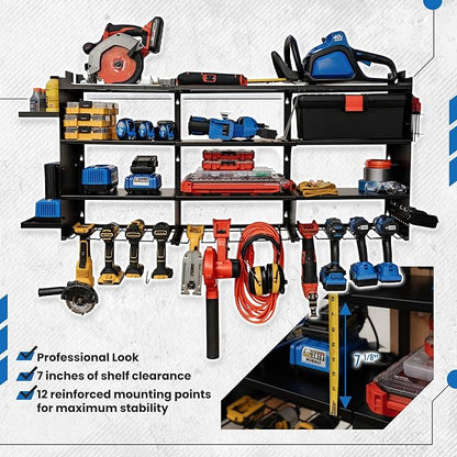 Power Tool Organizer Wall Mount, With Attachable Shelves - Large Garage Storage System, Heavy Duty 4-Tier Rack Holds 12 Drills – Screw Holder Accessories, Utility Shelf for Workshop Organization