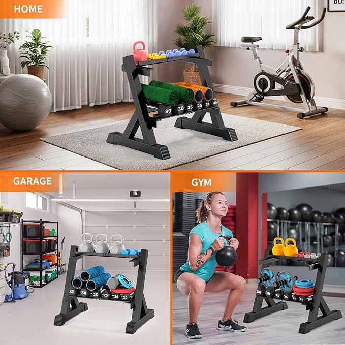 TomCare Dumbbell Rack Stand Only, 2-Tier 33 IN Length Adjustable Weight Rack for Home Gym Heavy-Duty Metal Weight Stand Holder for Dumbbells, Kettlebells, 360 lb Capacity (Dumbells not included)