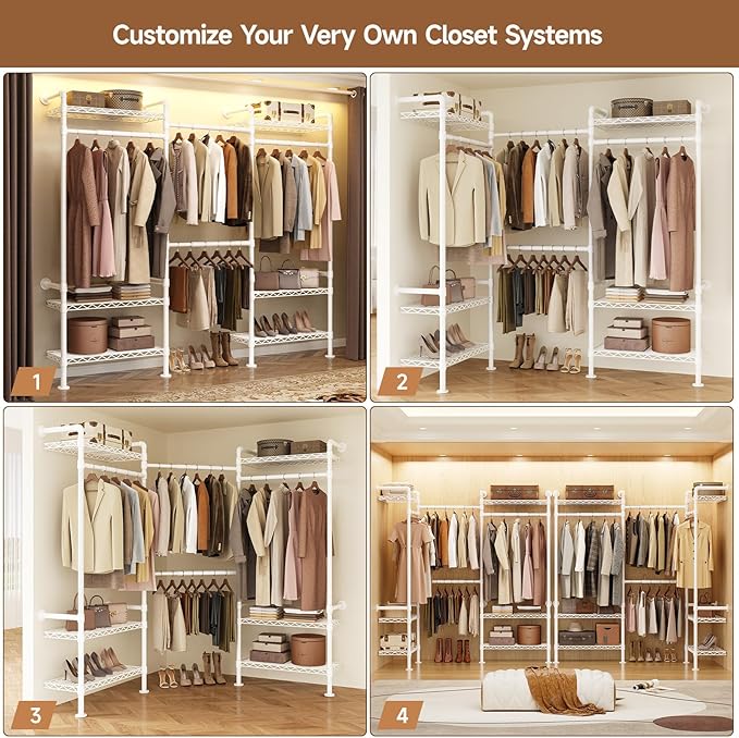 P3 Industrial Pipe Closet System, Wall Mounted Garment Racks with 4 Telescopic Rods & 6 Mesh Shelves, Heavy Duty Clothing Clothes Rack for Walk-in Closets (White)