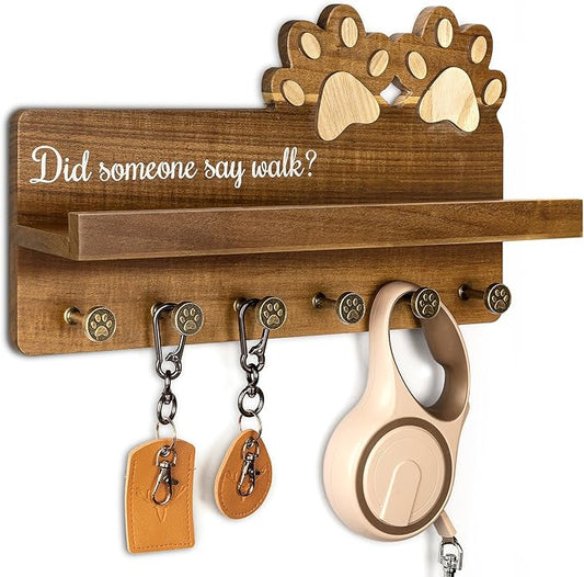 MTERSN Farmhouse Dog Leash Holder for Wall - Decorative Key Hooks Wall Mount with Paw Shape and 6 Unique 3D Hooks - Dog Lover for Home Decor (Acacia Wood)
