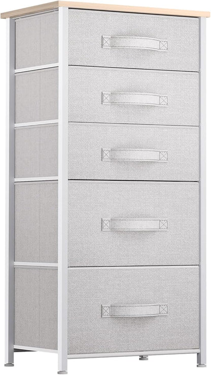 YITAHOME Tall 5 Drawer Dresser - Fabric Storage Tower, Organizer Unit for Bedroom, Living Room, Hallway, Closets - Sturdy Steel Frame, Wooden Top & Easy Pull Fabric Bins - Light Grey