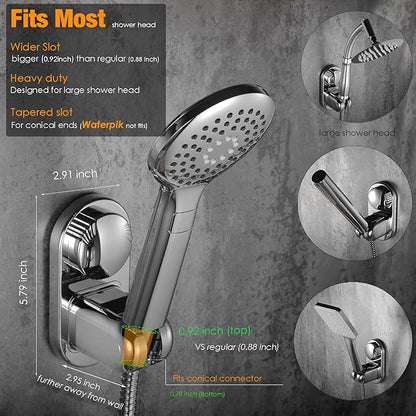 Suction Cup Handheld Shower Head Holder - 90 Degree 5 Angles Adjustable - Wide Input - Ideal for Large & Heavy Shower Heads - Bathroom Wall Mounted Shower Wand Holder (Polished Chrome)