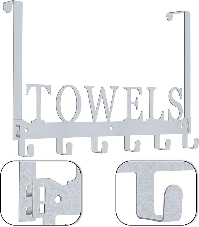 Over The Door Hooks, Towel Rack for Bathroom, Door Mount Towel Hooks Bath Towel Hanger for Bedroom Kitchen Pool Beach Towels Bathrobe Wall Mount Towel Holder for Bathrooms (6 Hooks, Silver Grey)