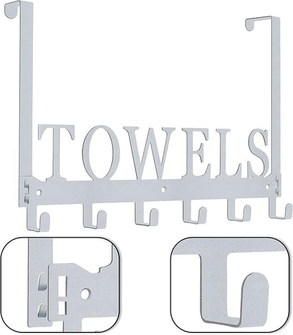 Over The Door Hooks, Towel Rack for Bathroom, Door Mount Towel Hooks Bath Towel Hanger for Bedroom Kitchen Pool Beach Towels Bathrobe Wall Mount Towel Holder for Bathrooms (6 Hooks, Silver Grey)