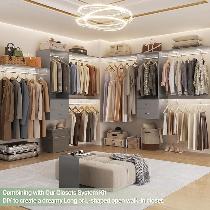 Wood Closet System, 4-8ft Closet Organizer System with 2 Wooden Drawers, Walk-in Wardrobe Clothes Rack with 4 Hanging Rods for Bedroom,Living Room,Grey