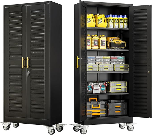 71” Metal Garage Storage Cabinet with Lock and Wheels, Metal Storage Cabinet with Louvered Door and 4 Adjustable Shelves, Rolling Tool Cabinet, Utility File Cabinet for Home Office -Black