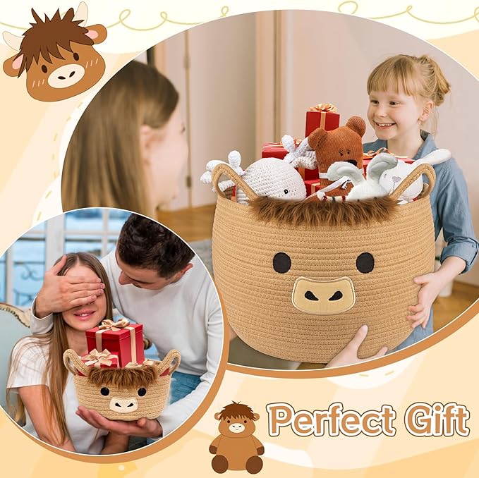 Highland Cute Cow Basket Set for Nursery, Woven Storage Cotton Rope Basket, Baby Blanket 0rganizer with Ears Handles, Blanket Towel Decor Toy Clothes Gifts Storage Cat Dog Bin, Pack of 2