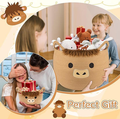 Highland Cute Cow Basket Set for Nursery, Woven Storage Cotton Rope Basket, Baby Blanket 0rganizer with Ears Handles, Blanket Towel Decor Toy Clothes Gifts Storage Cat Dog Bin, Pack of 2