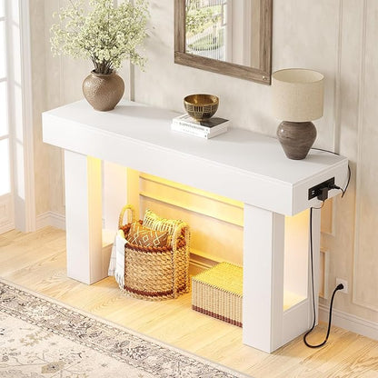 Unikito 47" Entryway Table with Socket and Sensor Light, Narrow Console Table with Storage Behind Couch, Farmhouse Entry Way Tables with Open Storage for Entrance/Hallway/Living Room, White