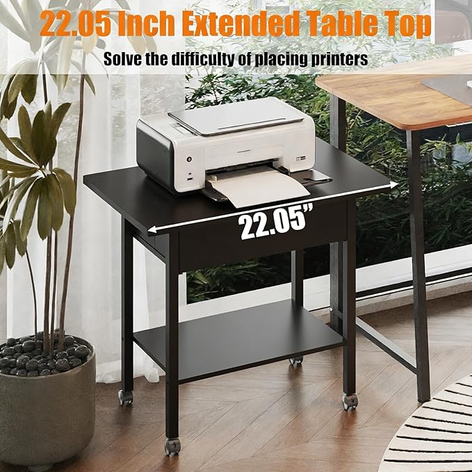 Large 22" x 15" Under Desk Printer Stand, 2-Tier Shelf Printer Table with Storage Fabric Drawer and Wheels, Rolling Cart for Home Office Fits 3D Printer, Scanner (Black)