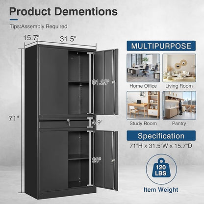 Black Metal Storage Cabinet with Lock, 71" Tall Garage Storage Cabinets with Doors and Shelves, Lockable Tool Caninet Steel Locking Cabnets File Cabinet for Home Office, Garage, Pantry