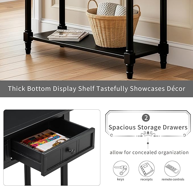 35.34" Console Table Traditional Design with Two Drawers and Bottom Shelf,Black