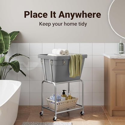 ELYKEN Rolling Laundry Hamper with Wheels, Laundry Cart with Removable Bag, Heavy Duty Metal Frame, 2-Tier Clothes Basket Hamper with Shelf for Closet, Bedroom, Bathroom, Laundry Room, Gray