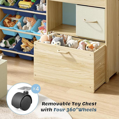 Toy Storage Organizer for Kids, 9-Bin Toy Organizer with 2-Drawers,Movable Toy Chest and Top Rack, Kids Bookshelf and Toy Storage for Playroom, Bedroom, Nursery, Blue