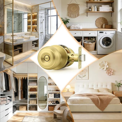Probrico Brushed Brass Door Knob, Gold Bedroom Bathroom Door Knobs Inteior, Privacy Door Knobs, 1 Pack