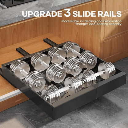 2Pack Expandable Pull Out Cabinet Organizer 21"Deep with Raising Pad for Framed Cabinets, Upgrade 3 Slide Rails Slide Out Drawers, Roll Out Shelves Adhesive,Adjustable Width 12.05"-20.4"Black