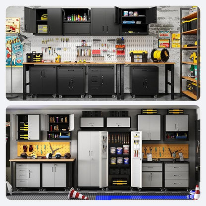 Metal Tool Cabinet,Garage Storage Cabinet System,Wall Cabinet & Locking Rolling Tool Cabinet with Doors and Adjustable Shelves,Steel Tool Cabinets for Home (2 Pcs-StyleA, Black)
