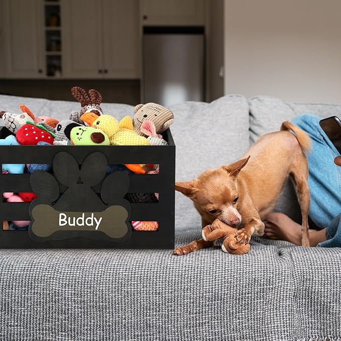 Large Dog Toy Basket Wood Dog Toy Bin Storage Baskets Box with Handles and Label Position Design Large Organizer with Paw Pattern Print for Pets Toys Food Blankets Clothes 18"x12"x10"