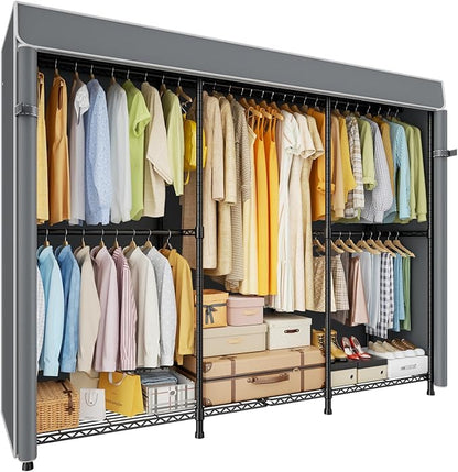 E14C Pro Heavy Duty Closet Organizer System，Freestanding Clothing Racks for Hanging Clothes，Adjustable Garment Rack 70.1"W × 16.6"D × 76.4"H Hold 960 lbs，Black Rack with Grey Dustproof Cover