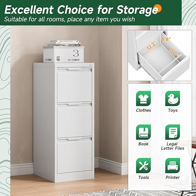 3 Drawer File Cabinet with Lock, White Vertical Filing Cabinets for Home Office, Locking Metal File Cabinet for Letter/Legal/A4/F4 Size, Assemble Required