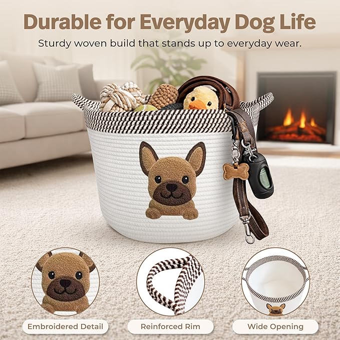 French Bulldog, Pug & Boston Terrier Dog Toy Basket, 15x11 Inch Woven Cotton Rope Storage Bin with Puppy Patch, Large Pet Organizer for Toys, Blankets, Leashes, Living Room Decor (Brown/Beige)